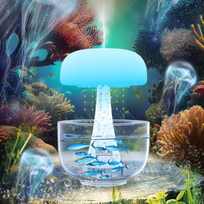 Mushroom-shaped water dispenser with fish in a tank surrounded by underwater scenery.