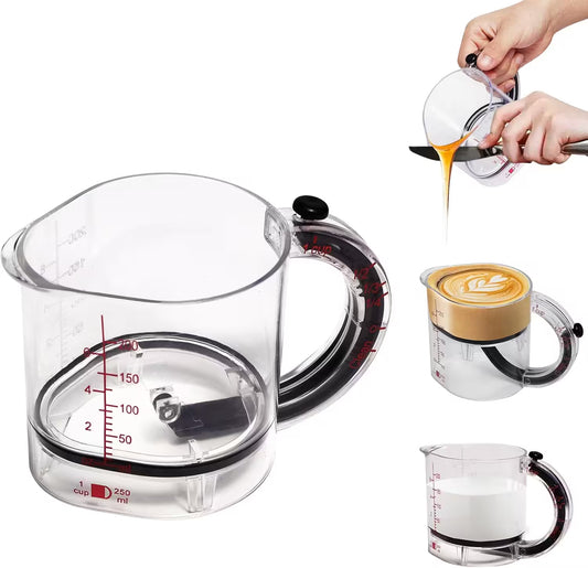 Clear measuring cup with handle and measurement markings, being used to pour coffee.