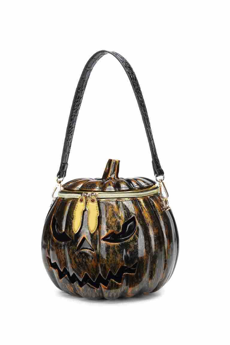 Pumpkin-shaped handbag with a jack-o'-lantern face on a white background