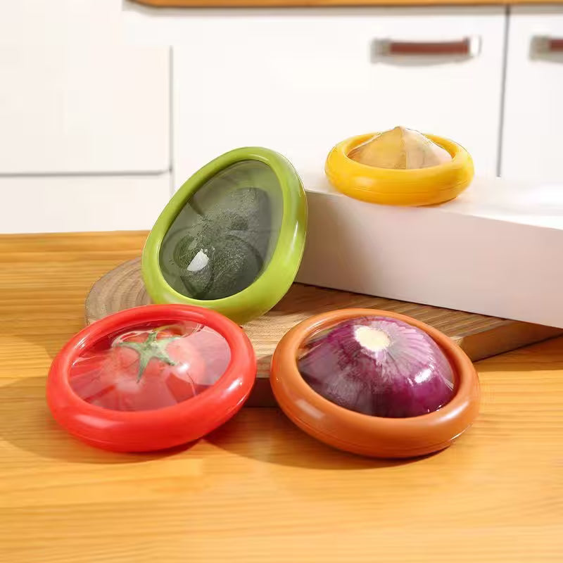 Colorful kitchen containers with vegetable designs on a wooden surface
