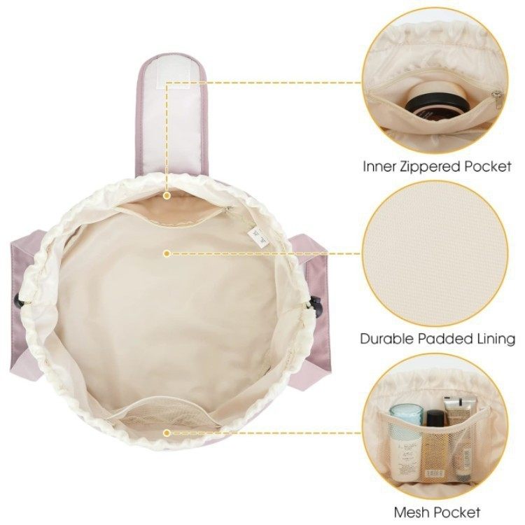 Product with labeled features including inner zipped pocket, durable padded lining, and mesh pocket on a white background.