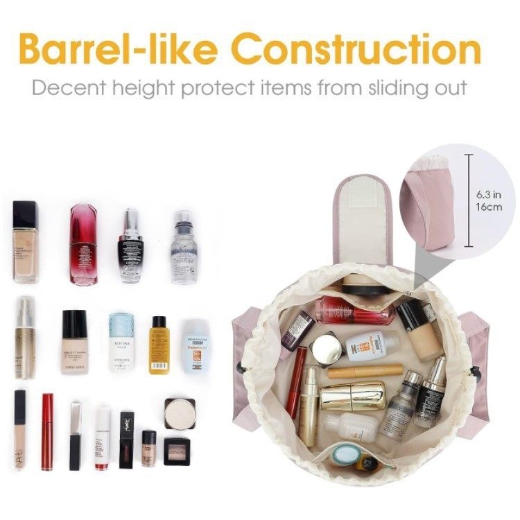 Cosmetic bag with various products and text about barrel-like construction.
