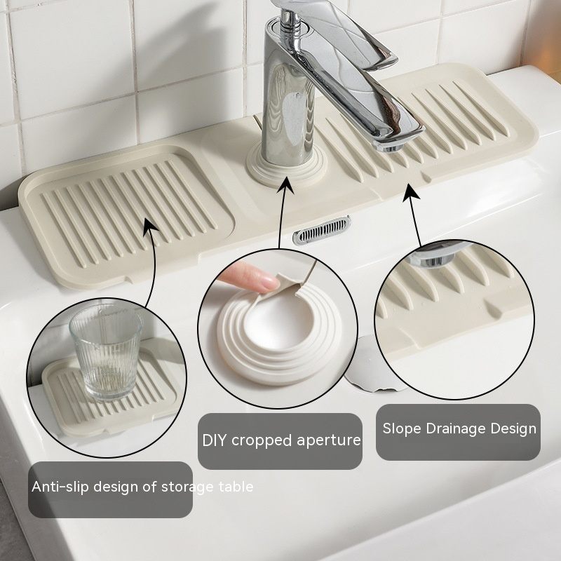 Beige sink mat with drainage design on a kitchen counter