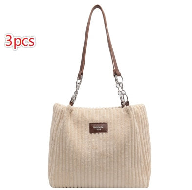 Beige Corduroy Tote Bag - 3pcs