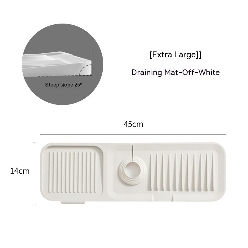 White draining mat with dimensions and slope angle on a white background
