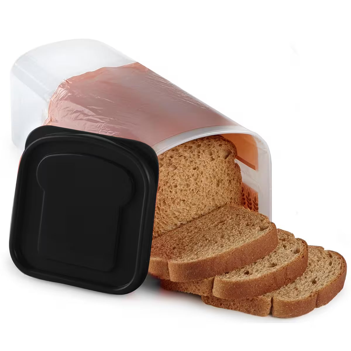 Container with sliced bread on a white background