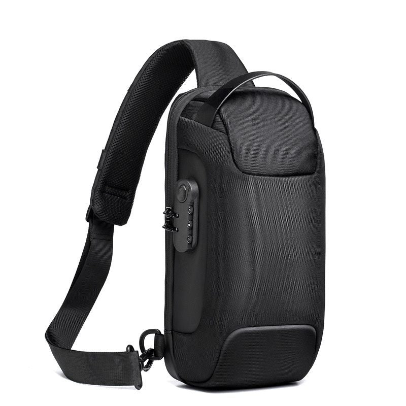 Black sling bag with a strap on a white background