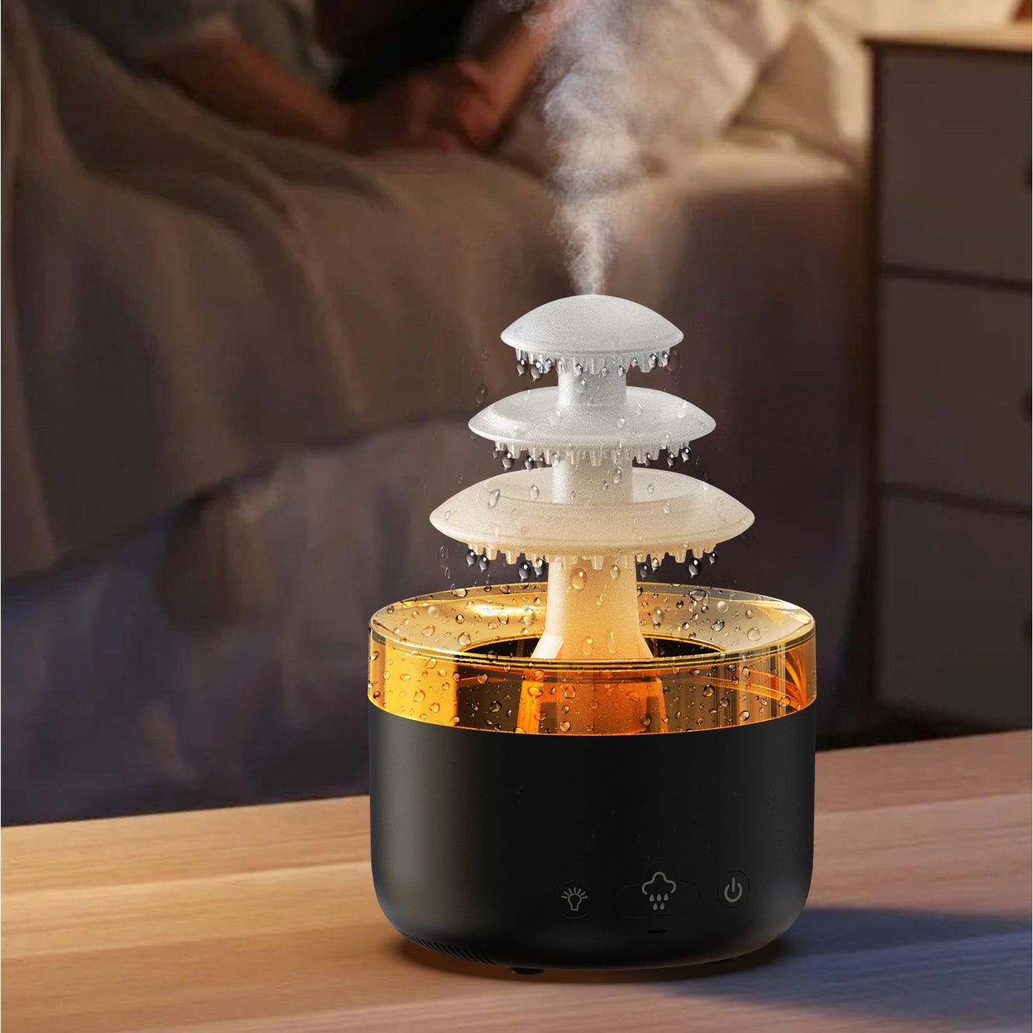 Humidifier with tiered design on a wooden surface, with a blurred background of a person sitting on a couch.
