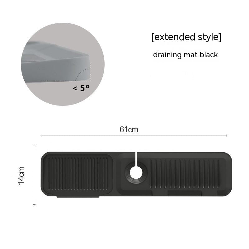 Black draining mat with measurements and angle indicator on a white background
