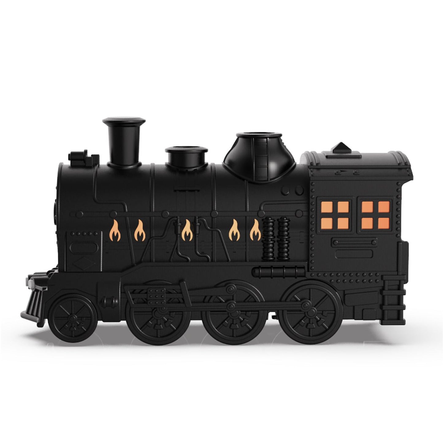Black toy train engine with flames and windows on a white background