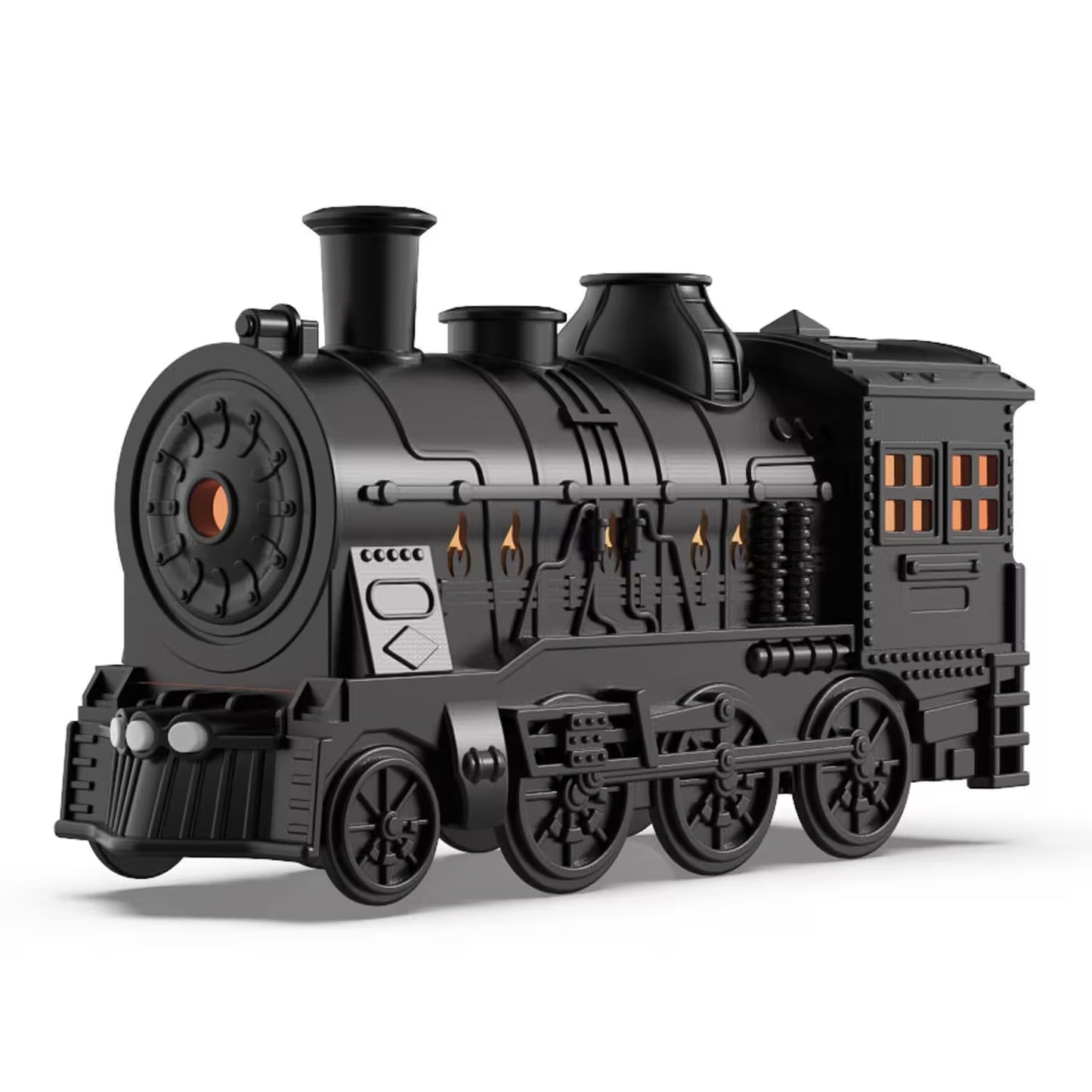 Black toy train engine on a white background