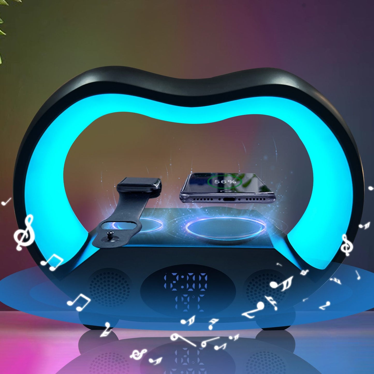 Modern smartphone stand with wireless charging pad and digital clock on a colorful gradient background