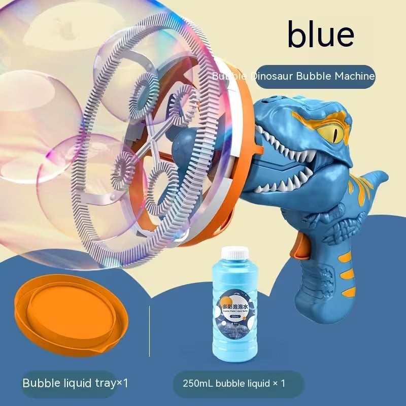 Blue dinosaur bubble machine with accessories on a colorful background