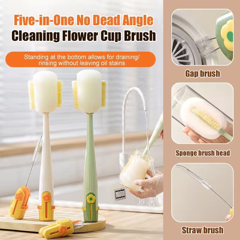 Five-in-One No Dead Angle Cleaning Flower Cup Brush with features and usage examples on a beige background.