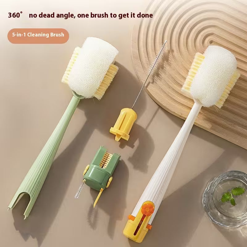 5-in-1 cleaning brush set with interchangeable heads on a beige background