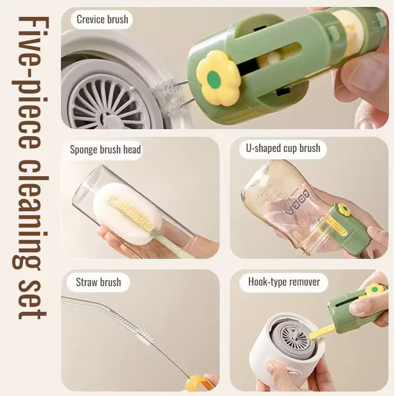Five-piece cleaning set with various brushes and a hook-type remover on a beige background.