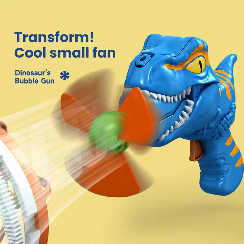Dinosaur-shaped bubble gun with a small fan on a yellow background