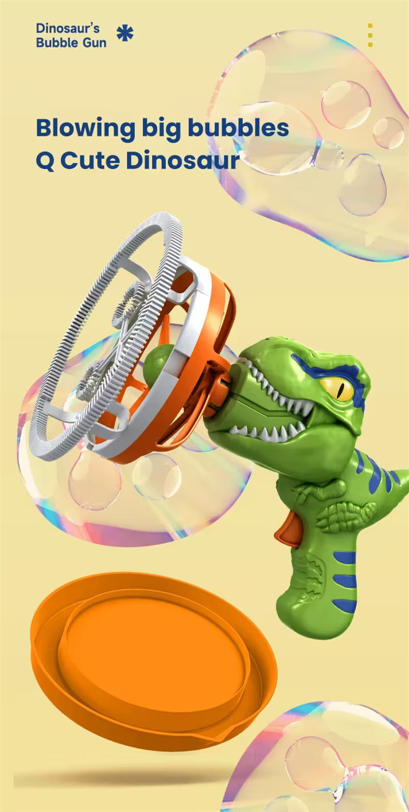 Dinosaur-shaped bubble gun with bubbles on a beige background