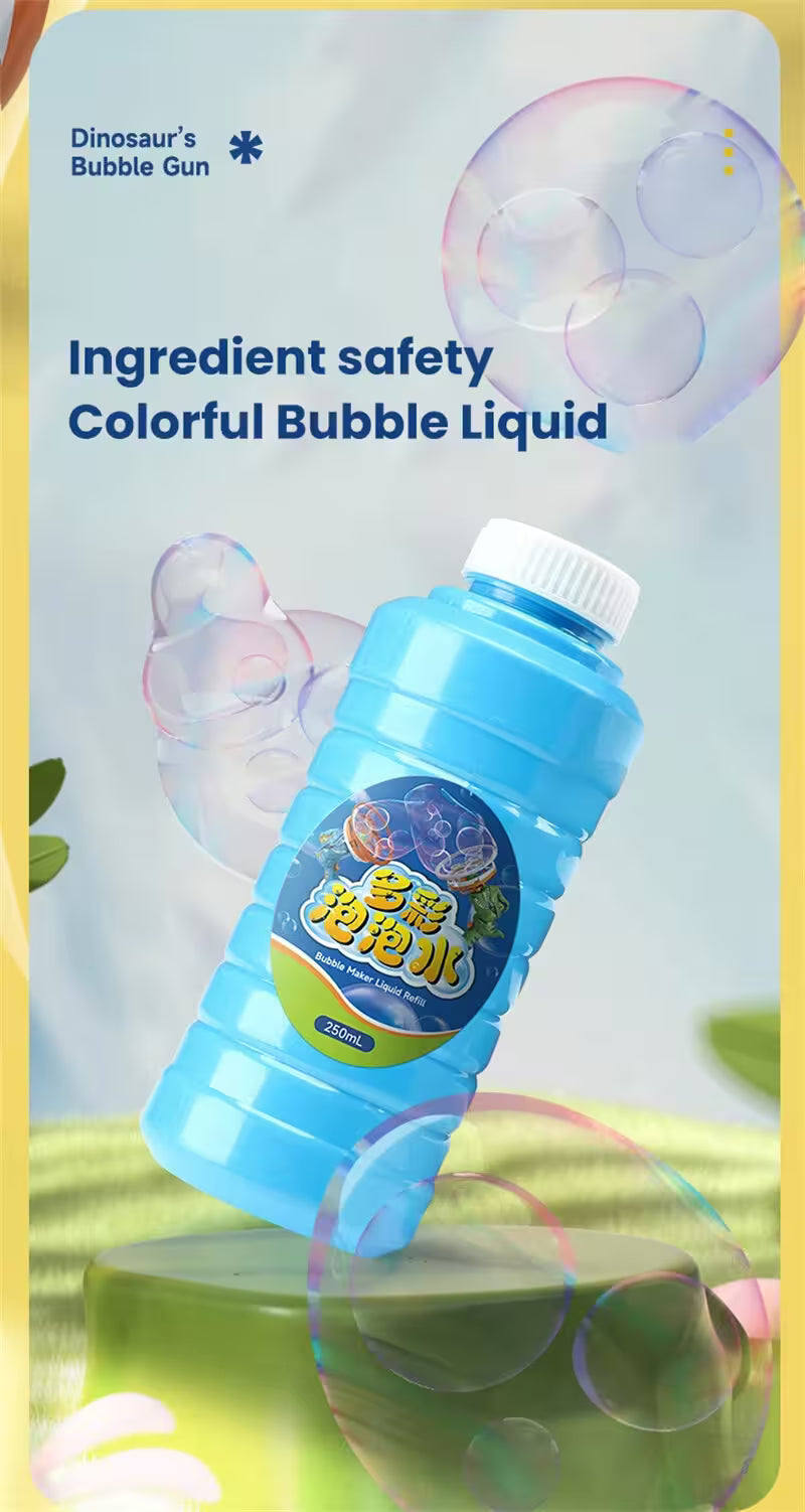 Blue bottle of bubble liquid with bubbles in the background, labeled 'Dinosaur's Bubble Gun'.