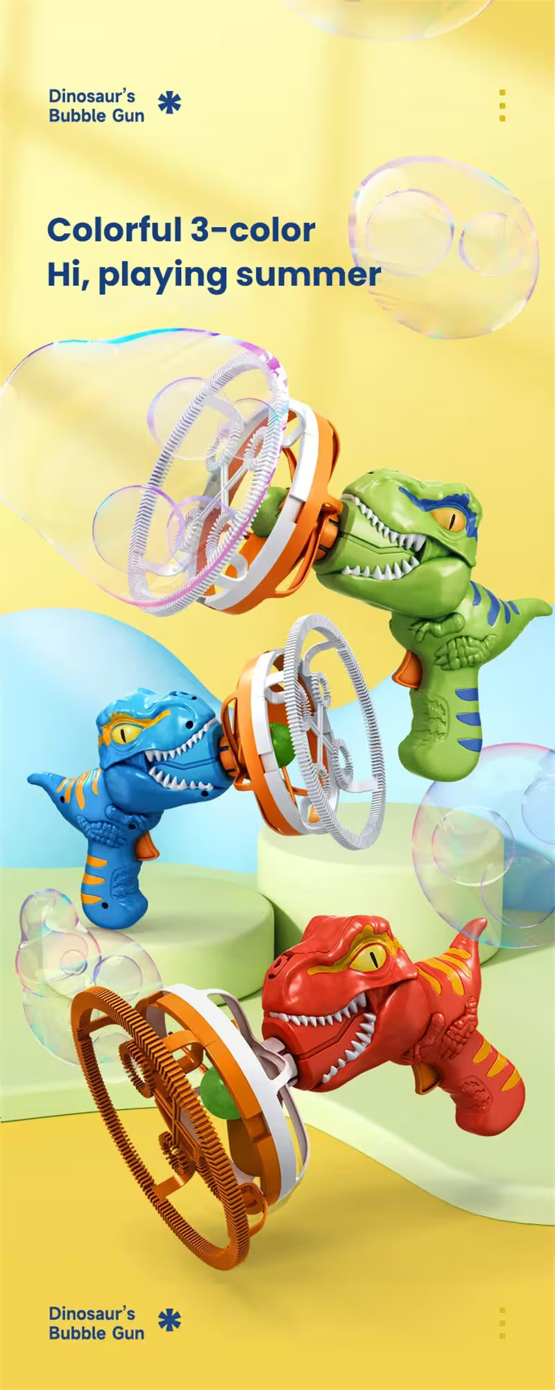 Three dinosaur-themed bubble guns with colorful designs on a yellow background.