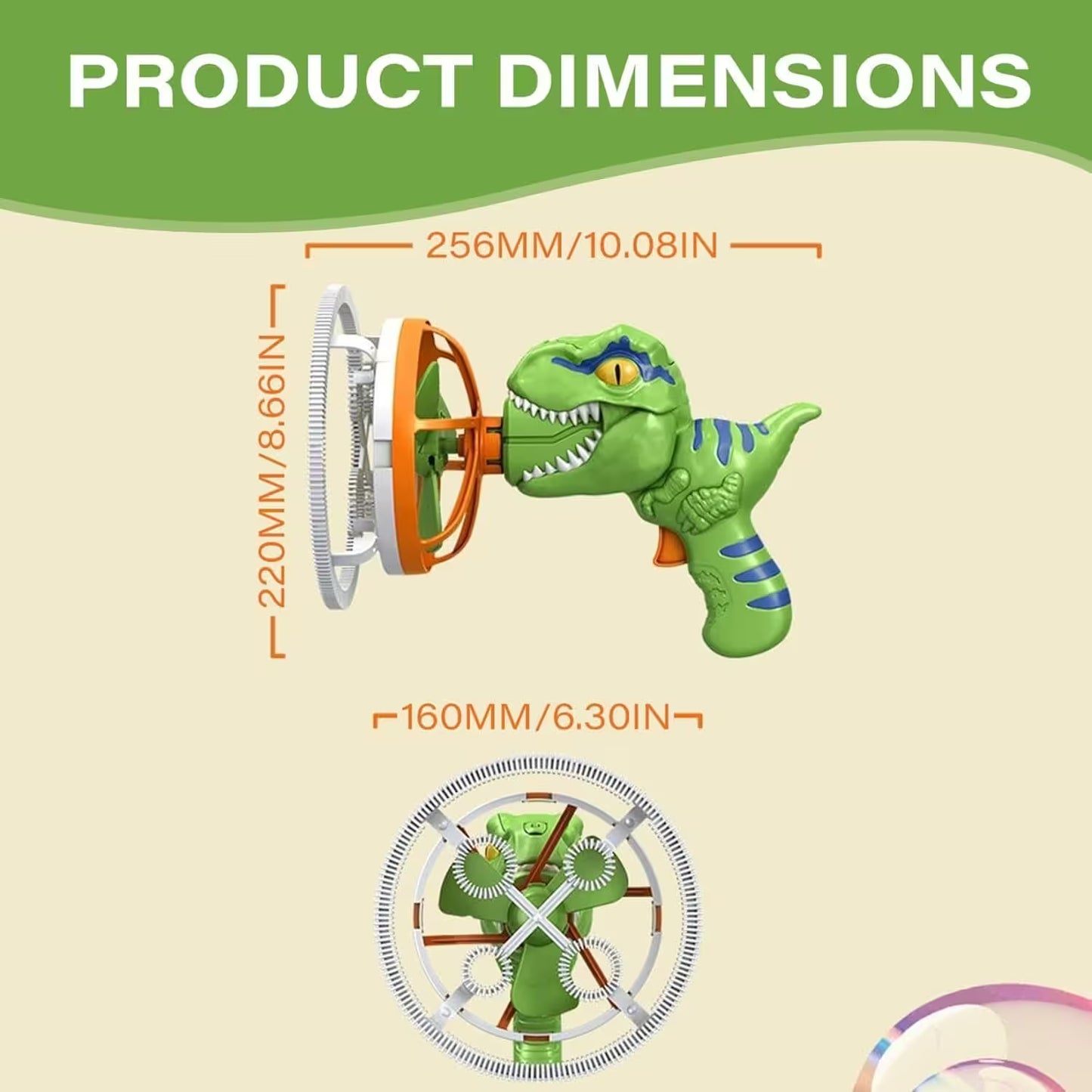 Green dinosaur toy with dimensions labeled on a beige background