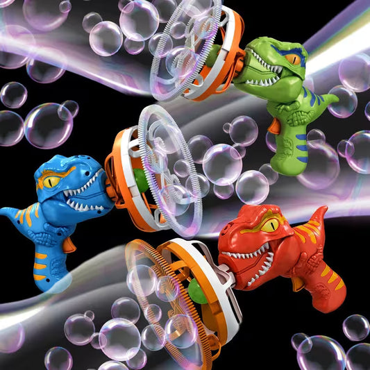 Colorful dinosaur bubble blower toys with bubbles against a black background