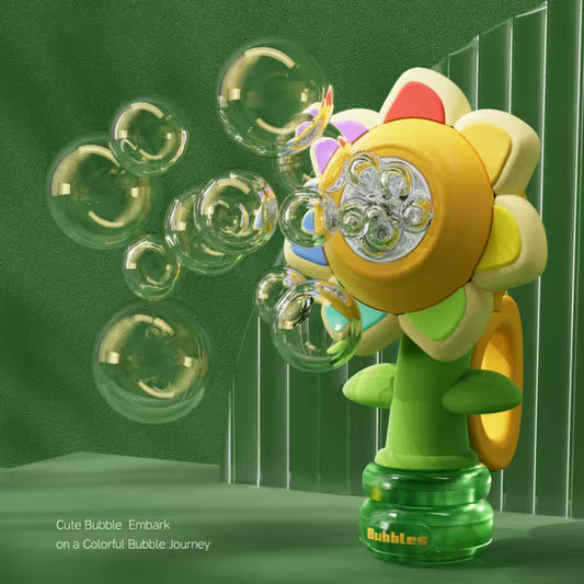 Colorful bubble machine shaped like a flower with bubbles on a green background