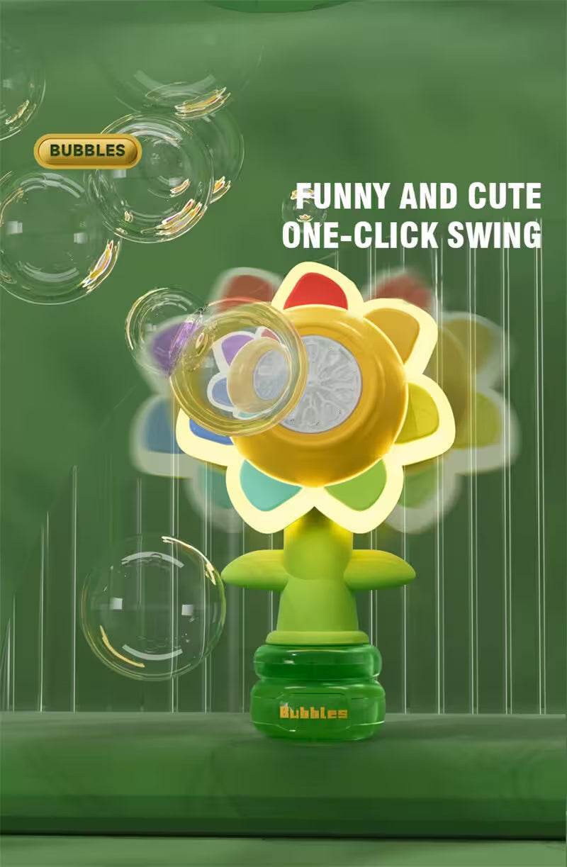 Flower-shaped bubble machine with bubbles on a green background