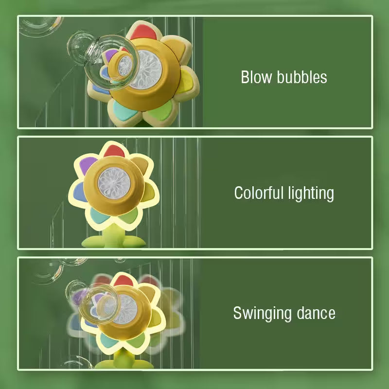 Toy bubble machine with colorful lighting and bubble blowing feature on a green background