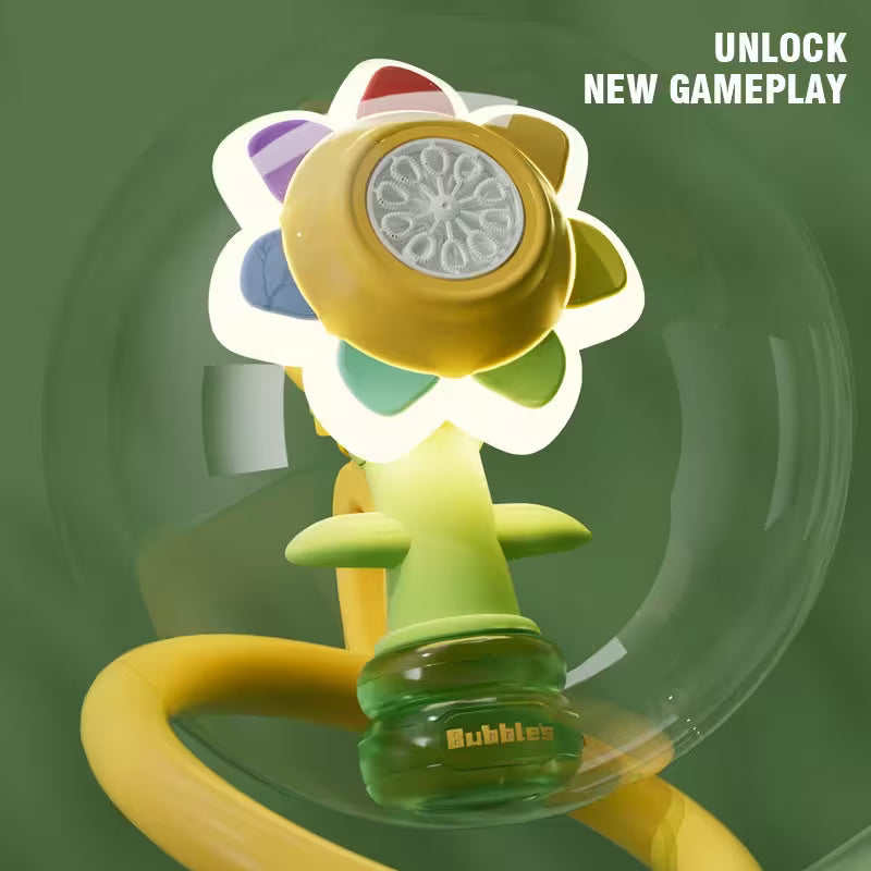 Colorful bubble machine with a transparent bubble wand on a green background