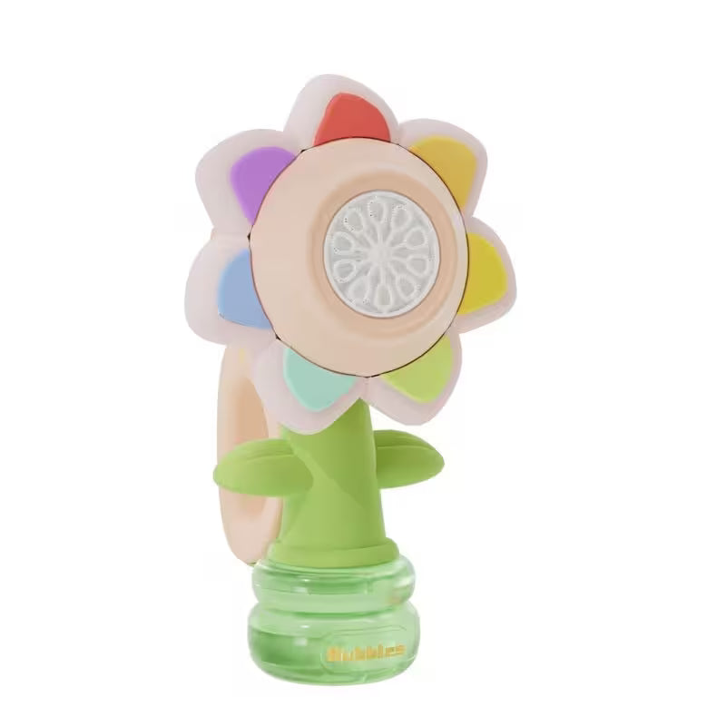 Colorful flower-shaped toy with a green base on a white background