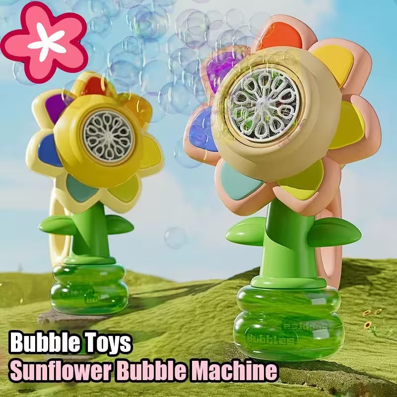 Sunflower-shaped bubble toys with a blue sky and bubbles in the background