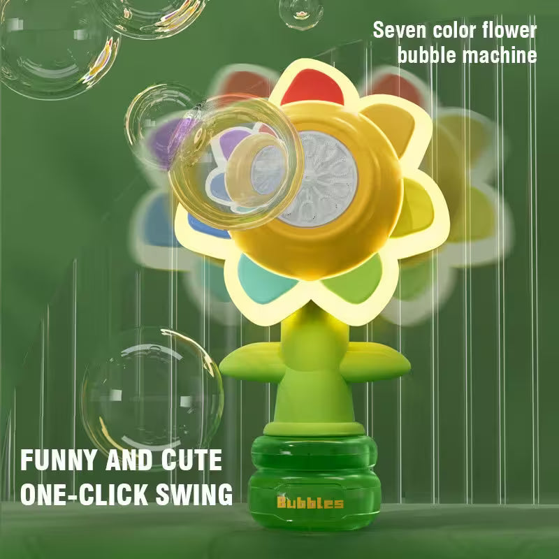 Seven color flower bubble machine with bubbles on a green background