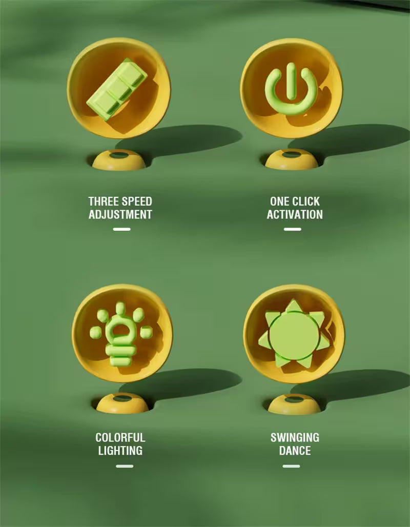 Product features with icons and text on a green background
