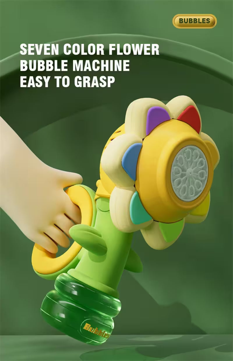 Seven color flower bubble machine with a hand holding it, on a green background.