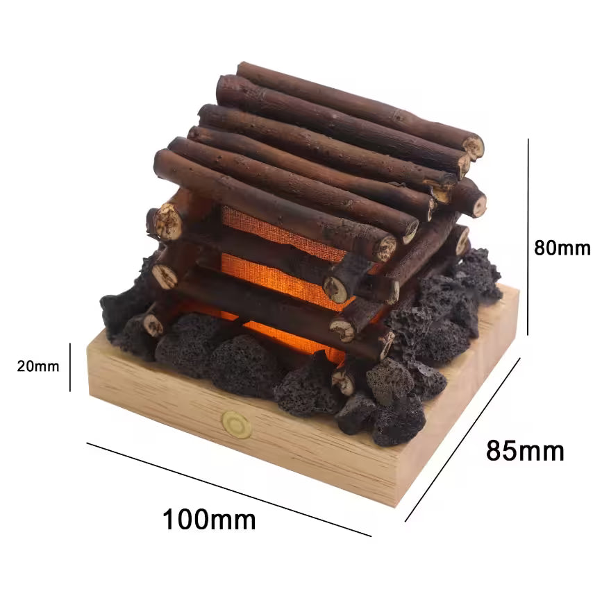 Wooden fire pit with logs and lava rocks, showing dimensions on a white background