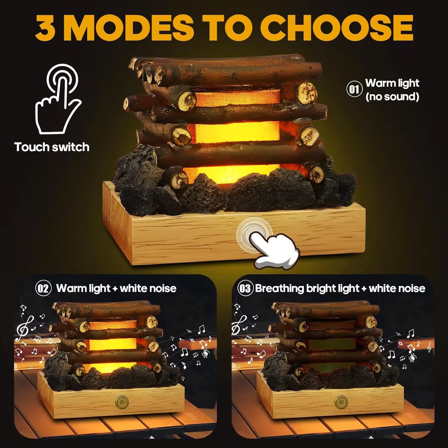 Wooden log fire pit with touch switch for different modes on a dark background