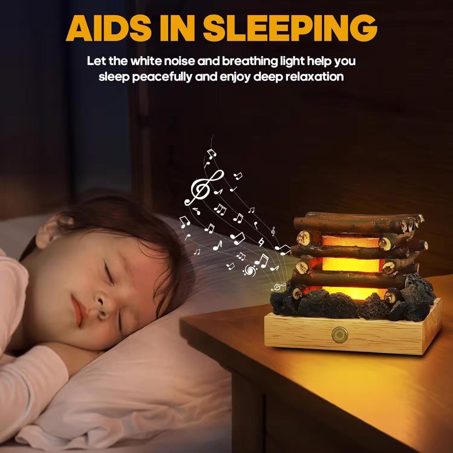 Child sleeping with a white noise machine on a nightstand