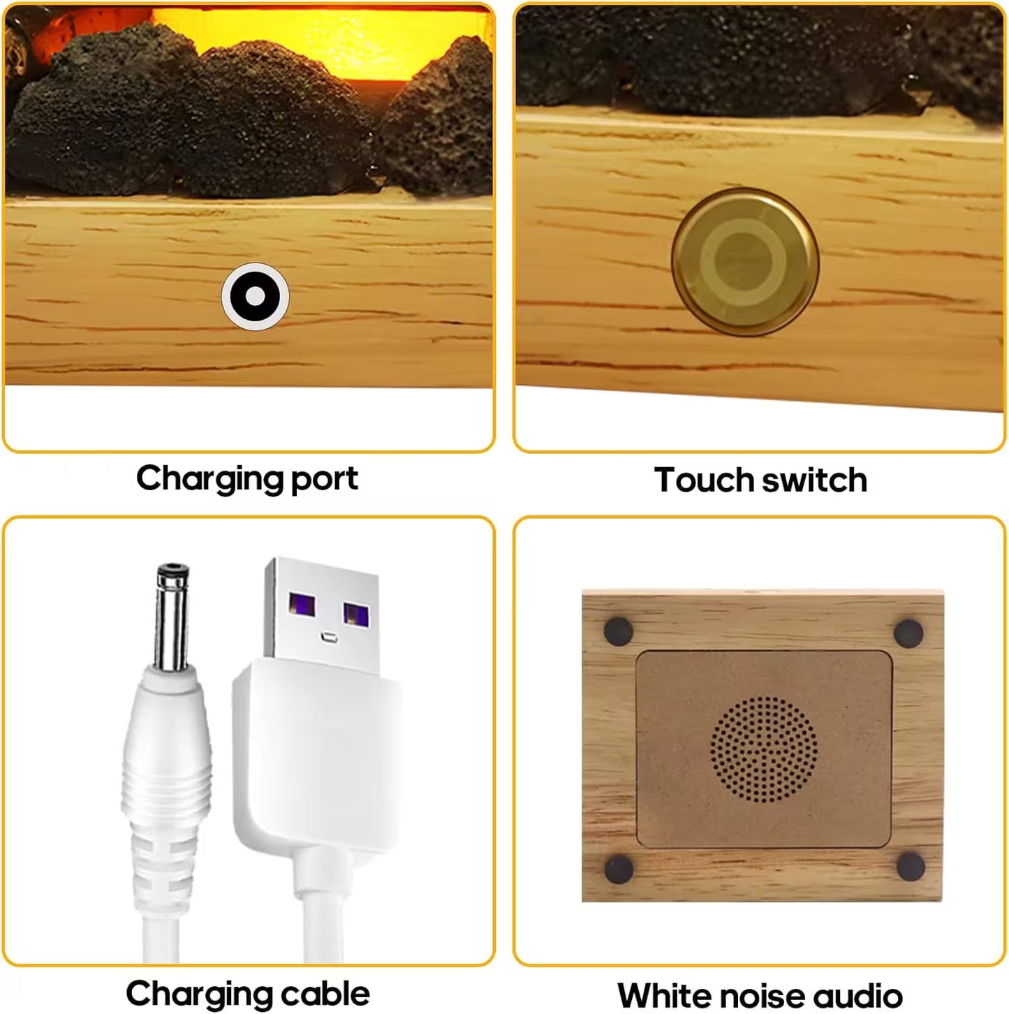 Wooden device with charging port, touch switch, and white noise audio feature.
