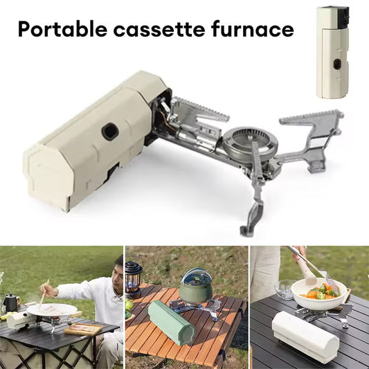 Portable cassette furnace with images of use outdoors and on a table.
