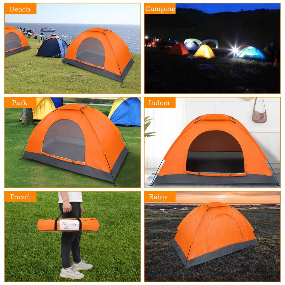 Collage of orange and gray tents in various settings including beach, camping, park, indoor, travel, and rainy conditions.