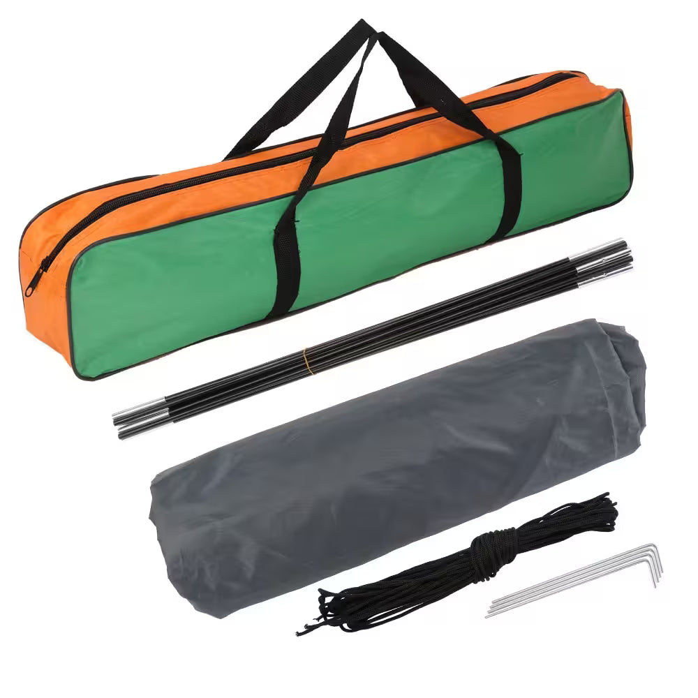 Green and orange carrying case with black poles and gray bag on a white background