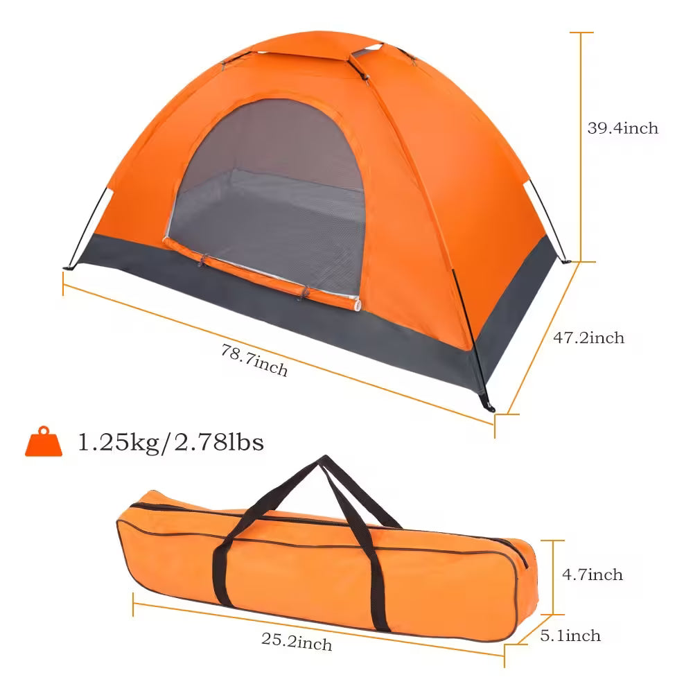 Orange camping tent with dimensions and weight information on a white background