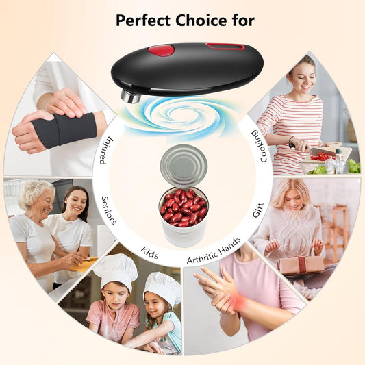 Black handheld device with red button surrounded by images of people using it for various purposes.