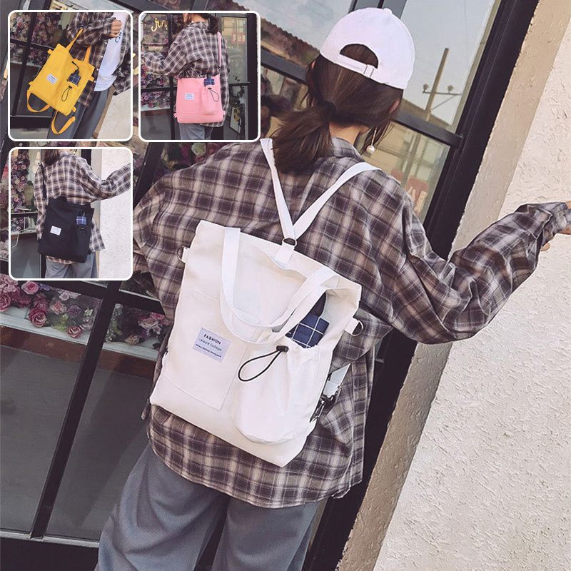 Person wearing a white backpack with inset images of different colored backpacks.