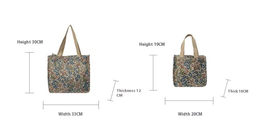 Floral tote bag with dimensions on a white background