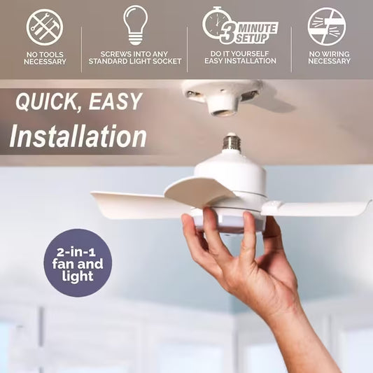 Hand installing a ceiling fan and light fixture with text highlighting features.