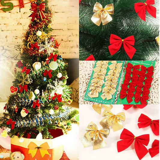 Collage of Christmas tree with red and gold bows, close-up of bows on a tree, and red and gold bows on a card.
