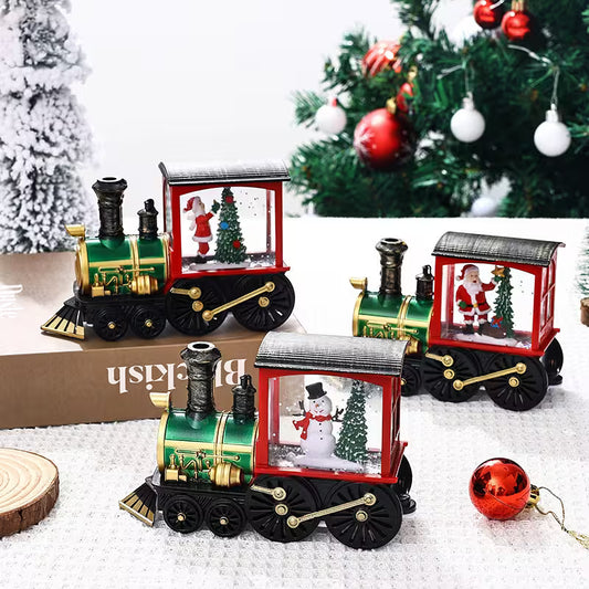 Decorative Christmas train set with Santa and snowman figures in front of a decorated tree.