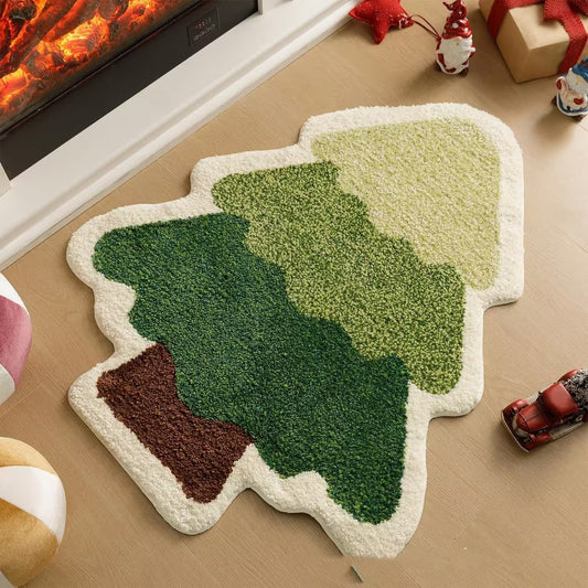 Tree-shaped rug on a wooden floor with decorative items around